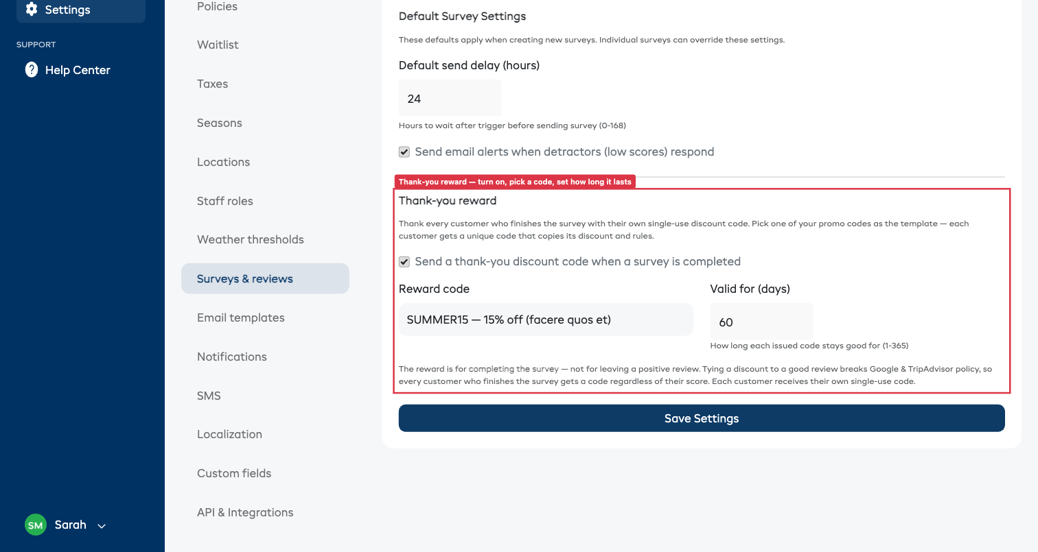 The Thank-you reward section in Settings, with the discount toggle turned on, a promo code chosen as the reward, and the "valid for" days field