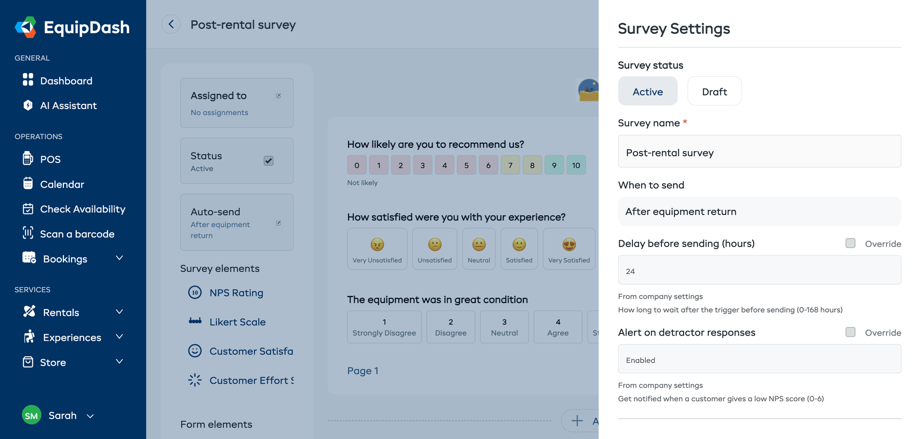 The Survey Settings panel showing status, name, trigger, delay, and review URL options