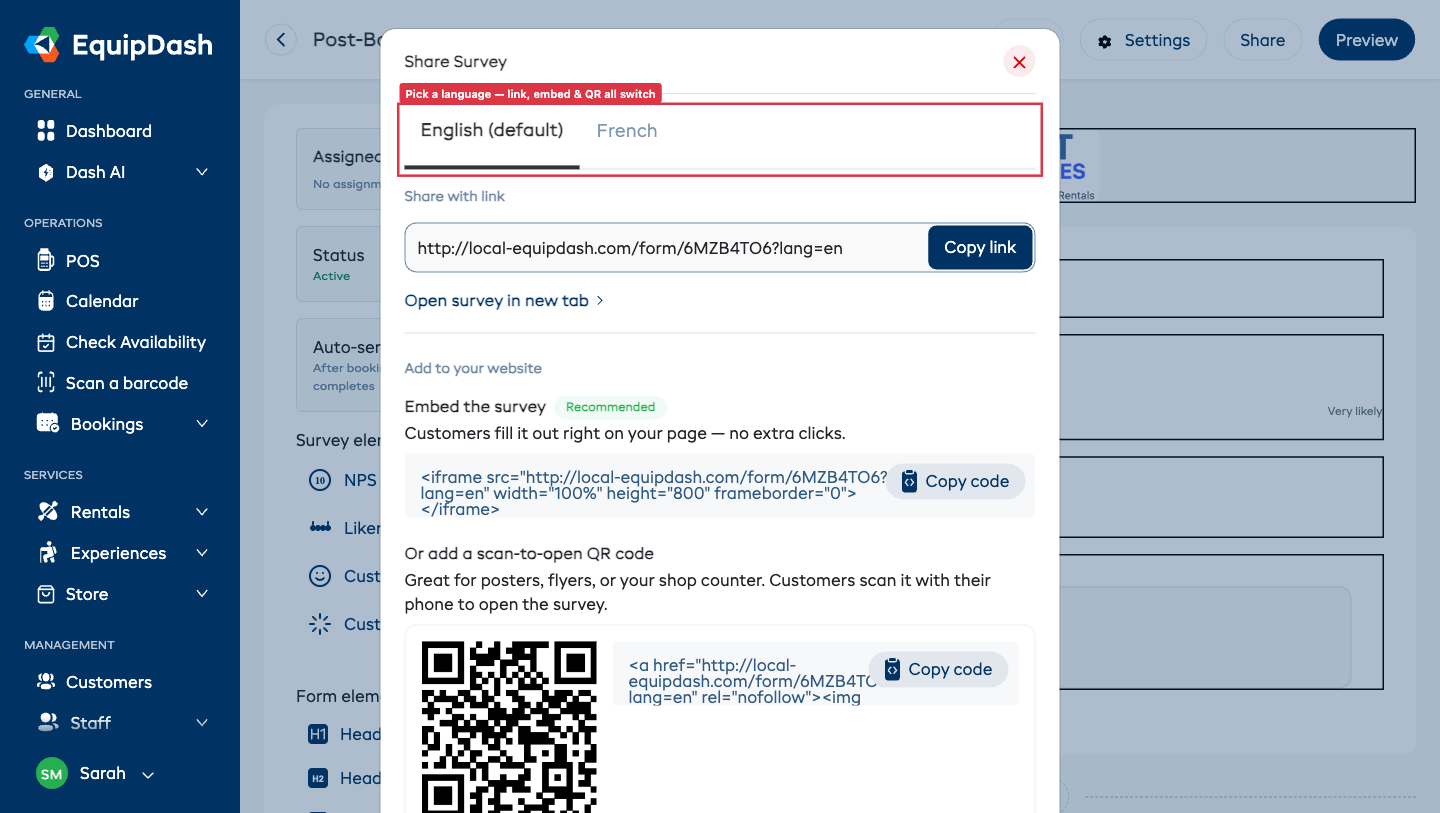 The Share Survey modal with language tabs (English (default), French) at the top, above the survey link and the Add to your website section with the embed code and a scan-to-open QR code