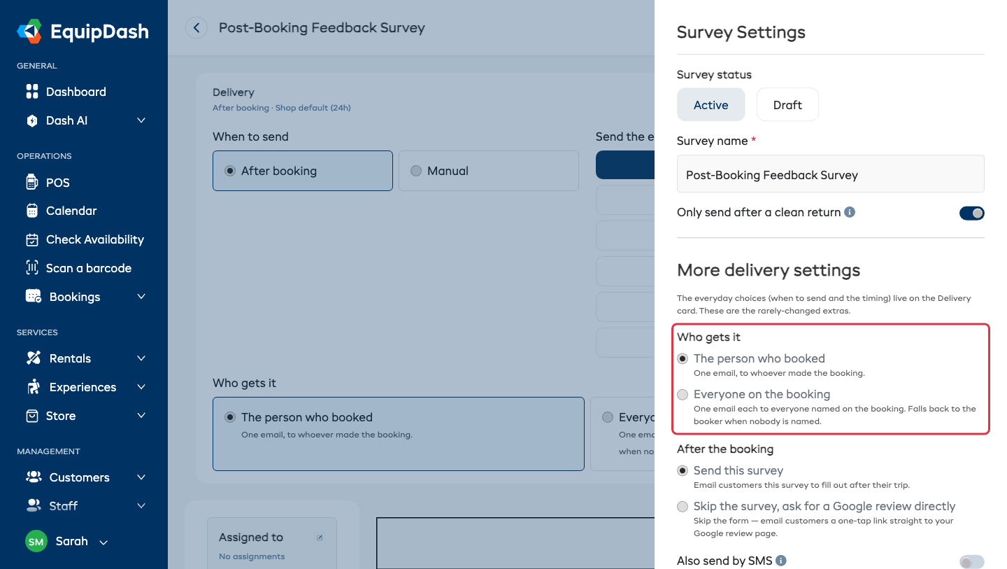 The Survey Settings panel with the after-the-booking mode, SMS, unhappy-customer alert, reminder, thank-you reward and review page overrides