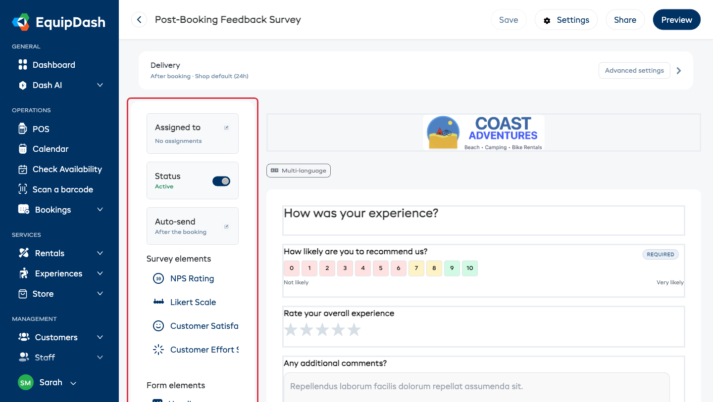 The survey builder: the collapsed Delivery card at the top, the elements panel on the left, and the question canvas in the center