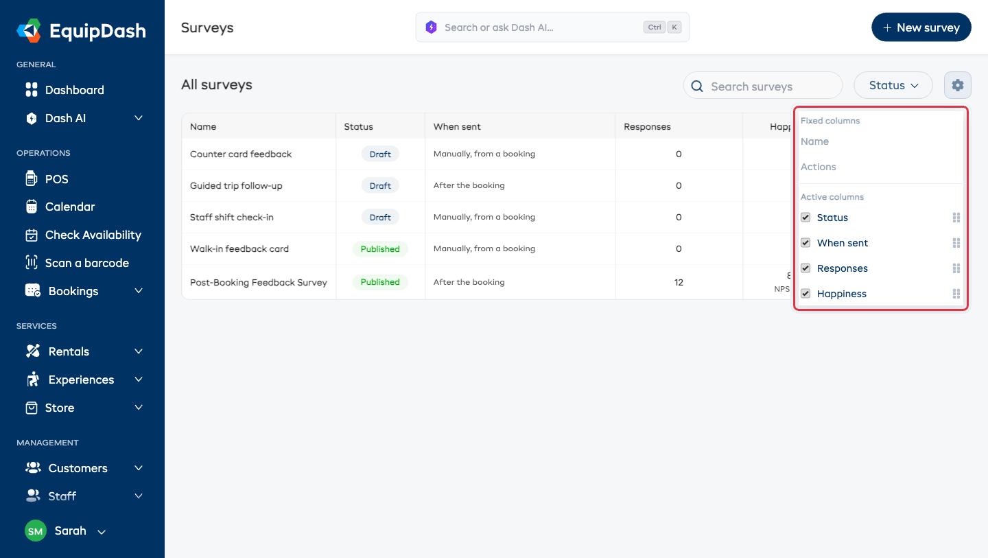The column manager open on the Surveys list, showing Fixed columns, Active columns with drag handles, and Available columns