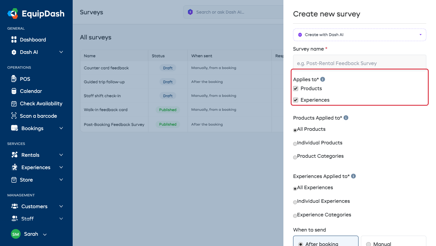 The Create new survey panel showing the Survey name field and the Applies to section with Products and Experiences