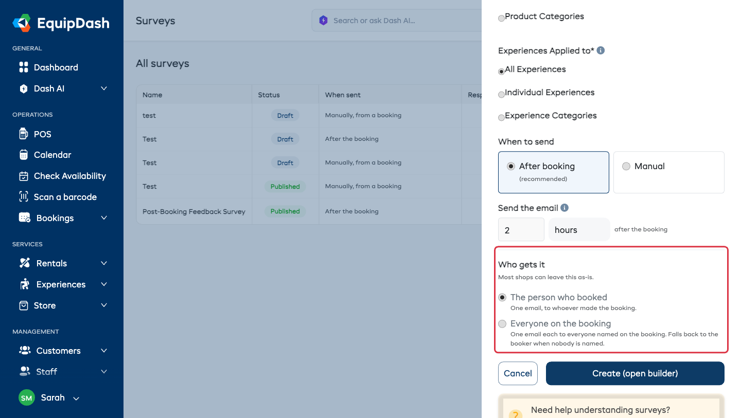 The When to send option cards and the Send the email amount and unit controls in the Create new survey panel