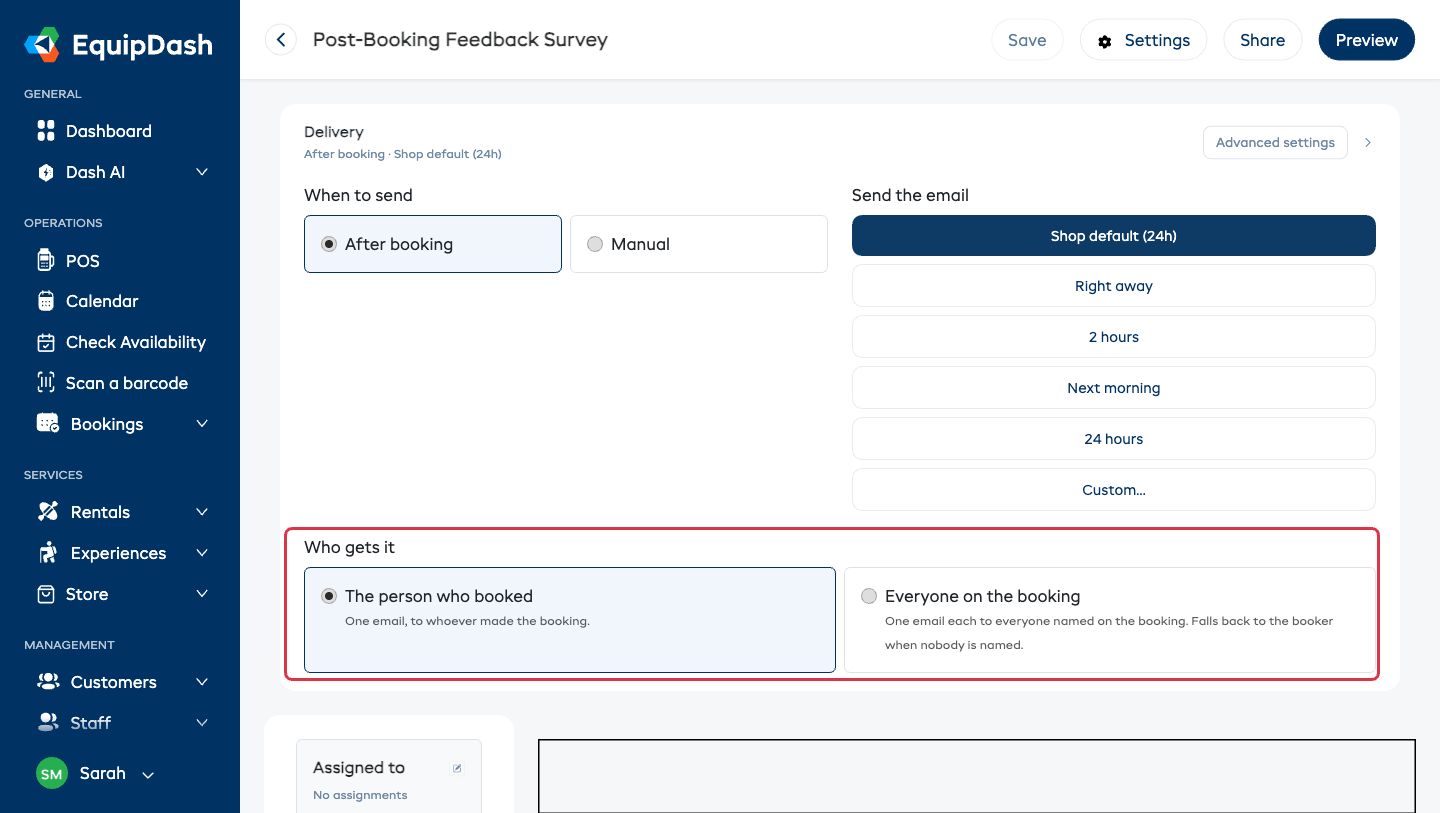 The expanded Delivery card showing the When to send cards and the Send the email timing buttons