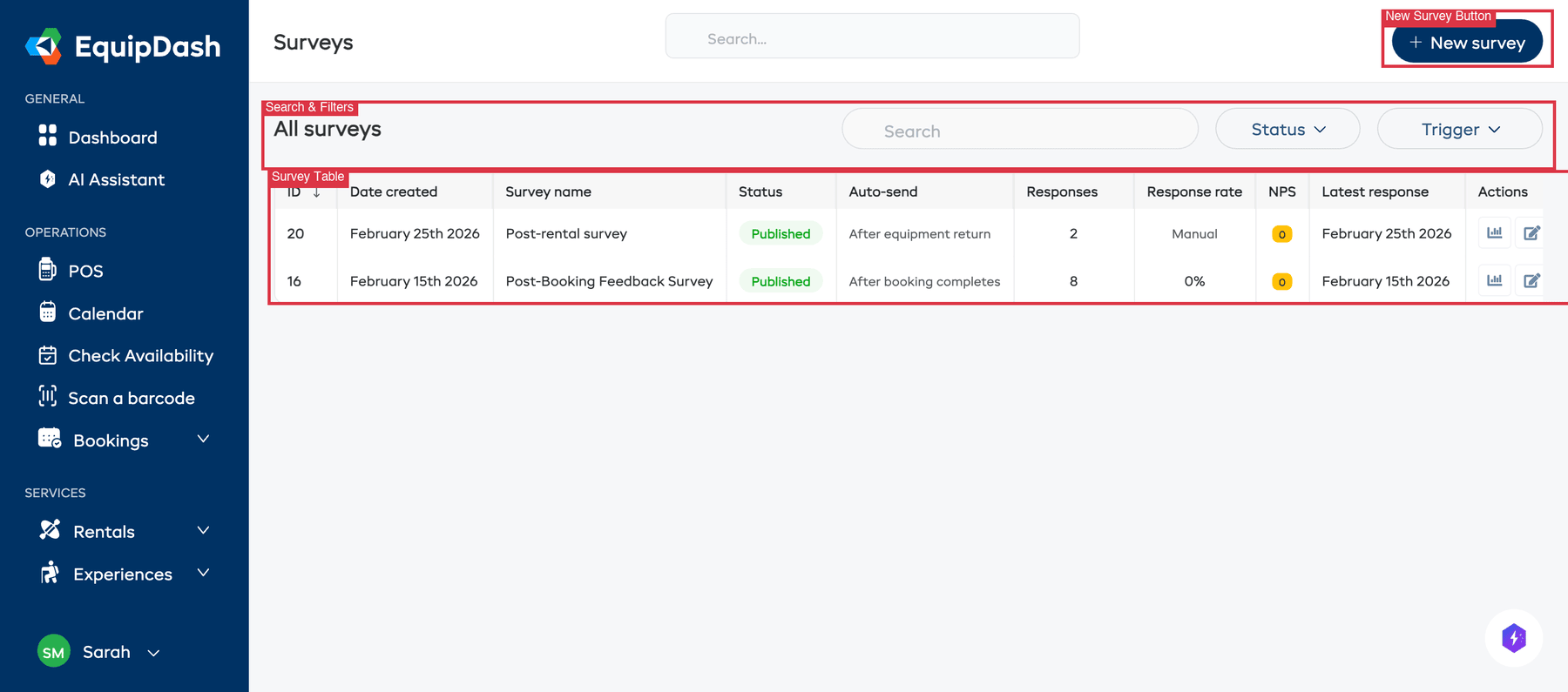 The main Surveys page listing all surveys with filters, status, response count, and NPS score