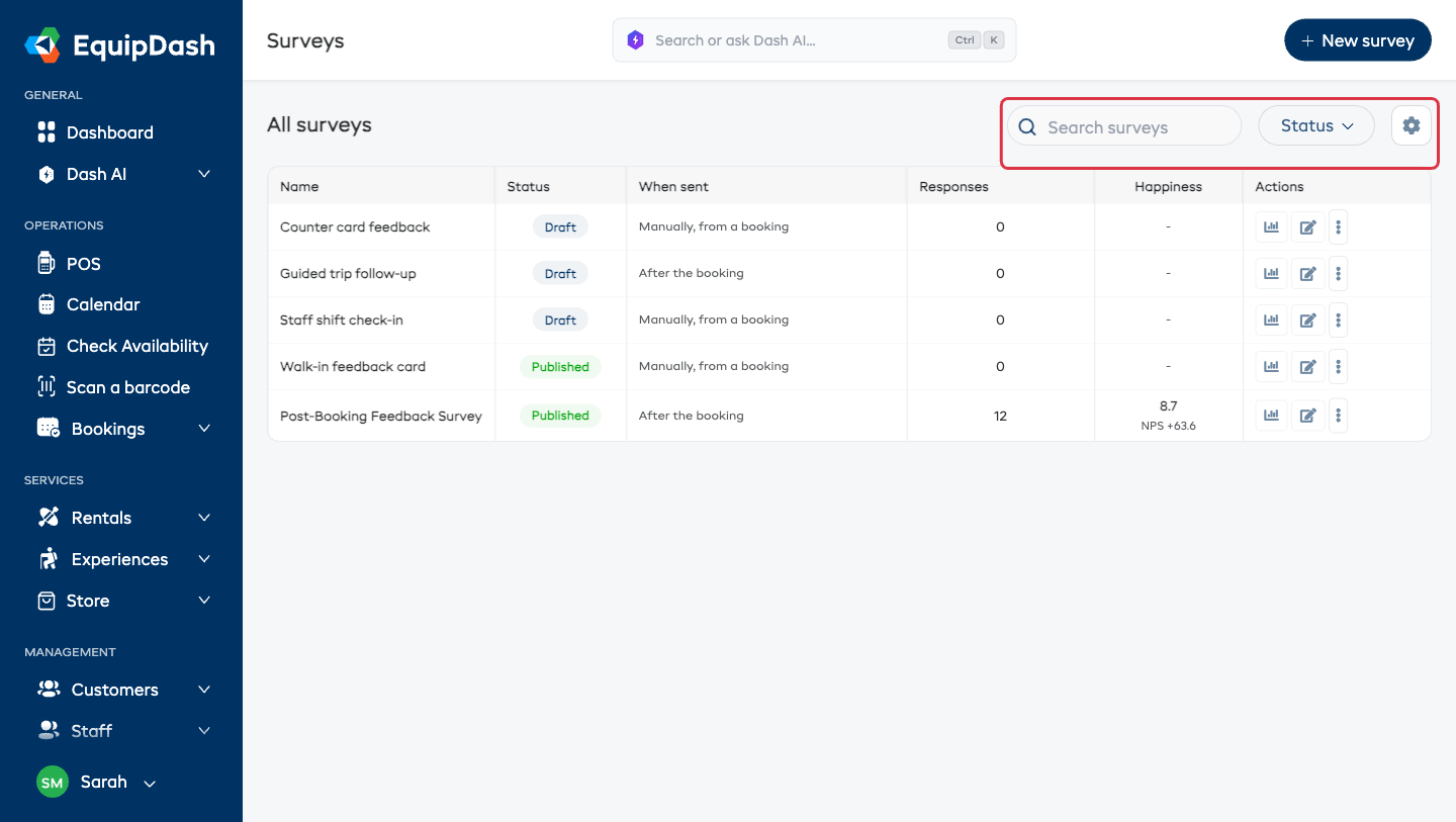 The Surveys page: the All surveys list with Name, Status, When sent, Responses and Happiness columns, the search box, Status filter and column gear