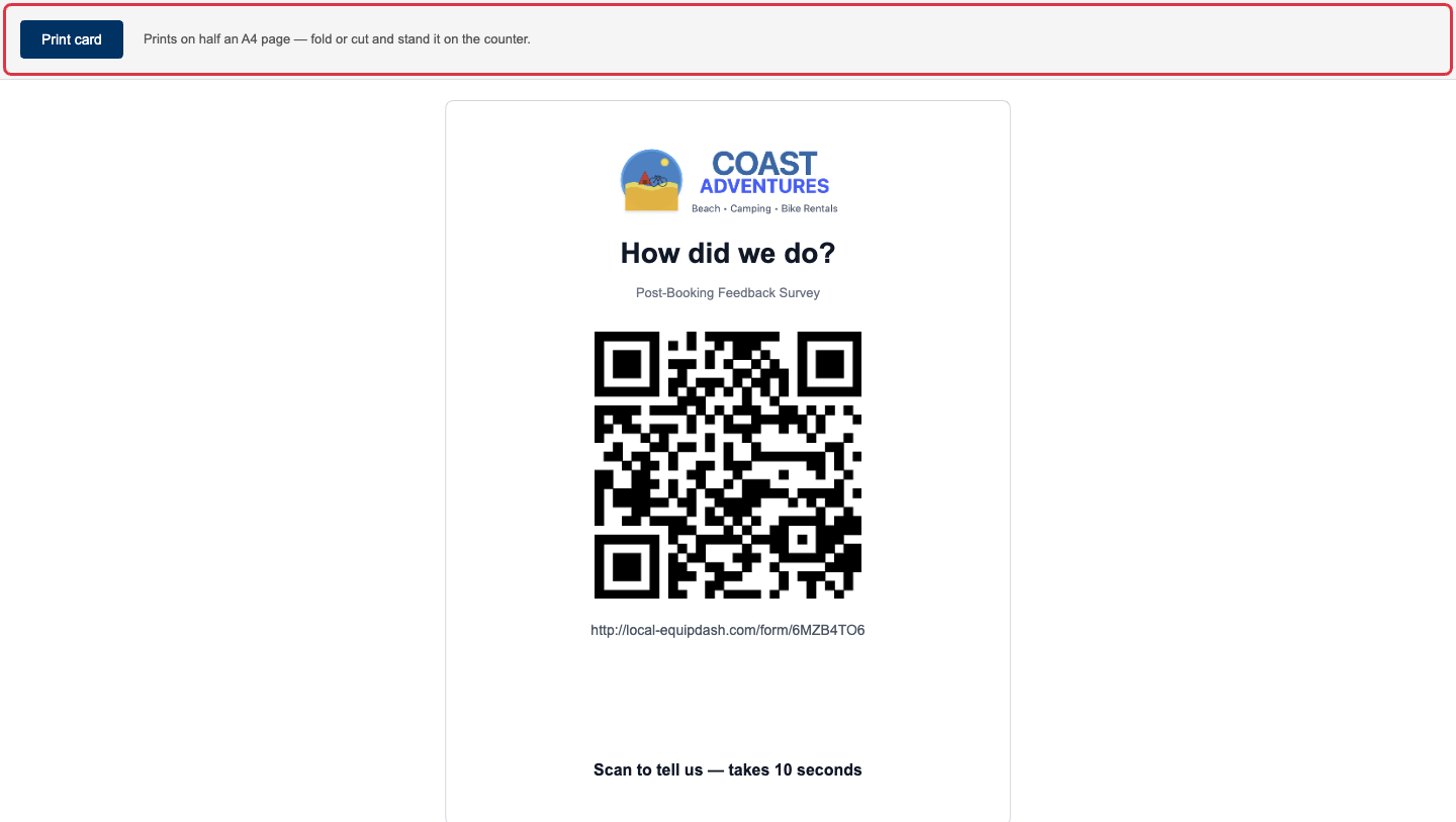 The printable counter card: shop logo, "How did we do?", the survey QR code, the short link, and "Scan to tell us — takes 10 seconds"