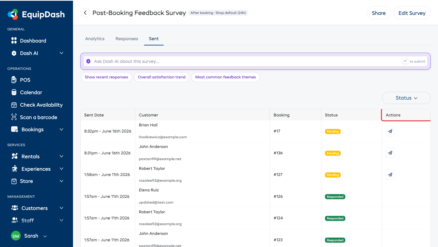 The Sent tab listing each send with its date, customer, booking, status, and the resend action