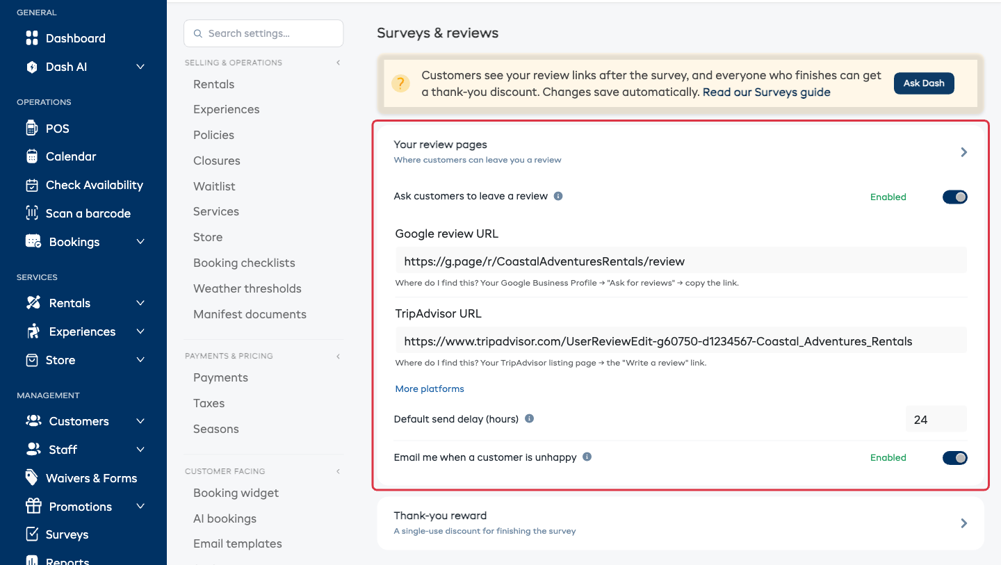 The Your review pages section in Settings, with the review switch and the Google and TripAdvisor URL fields