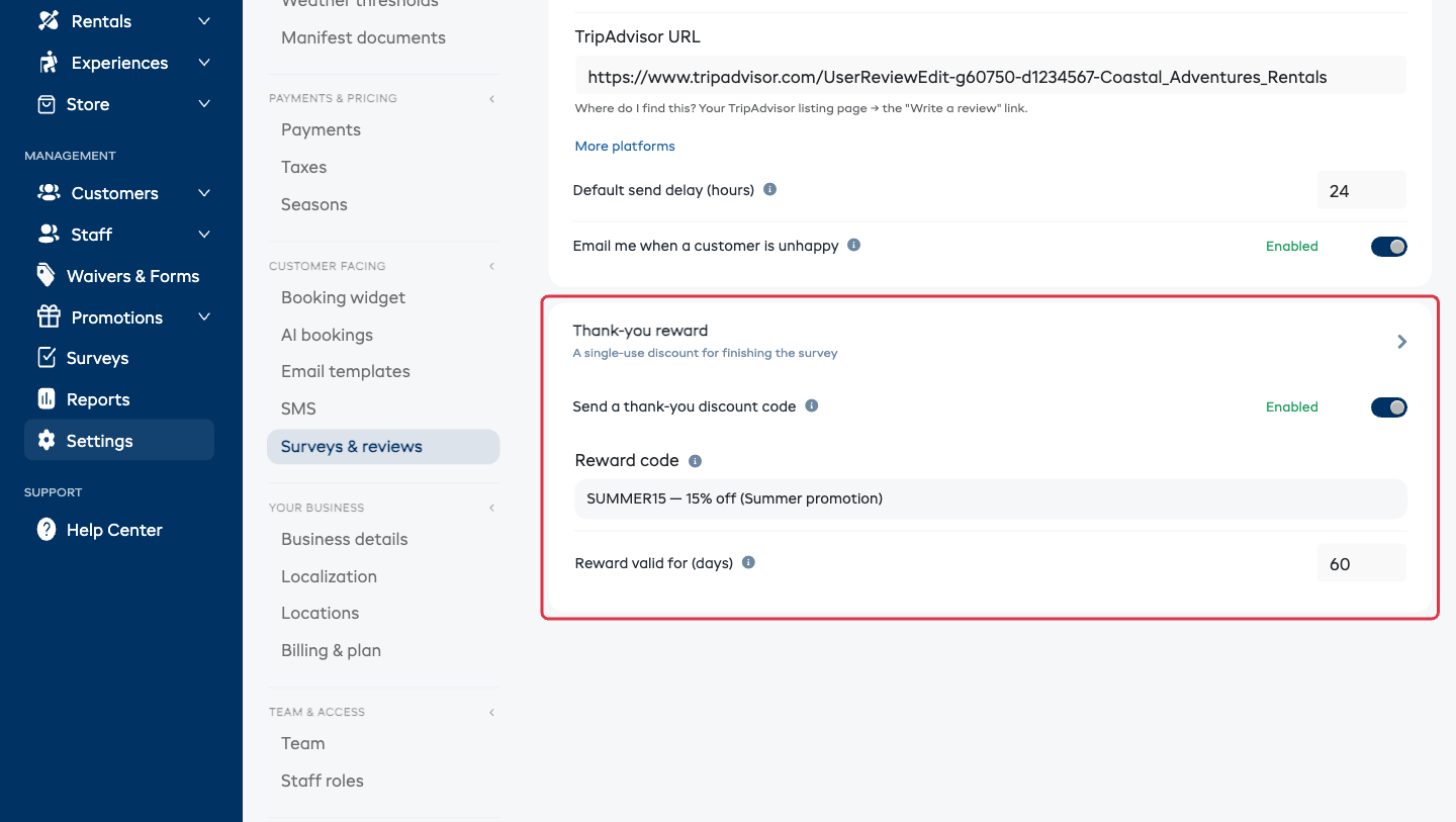 The Thank-you reward section in Settings with the discount switch on, a promo code chosen as the reward, and the validity field