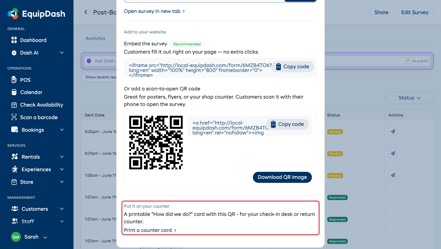 The Share Survey modal showing the website embed code, the scan-to-open QR code with Download QR image, and the Put it on your counter link