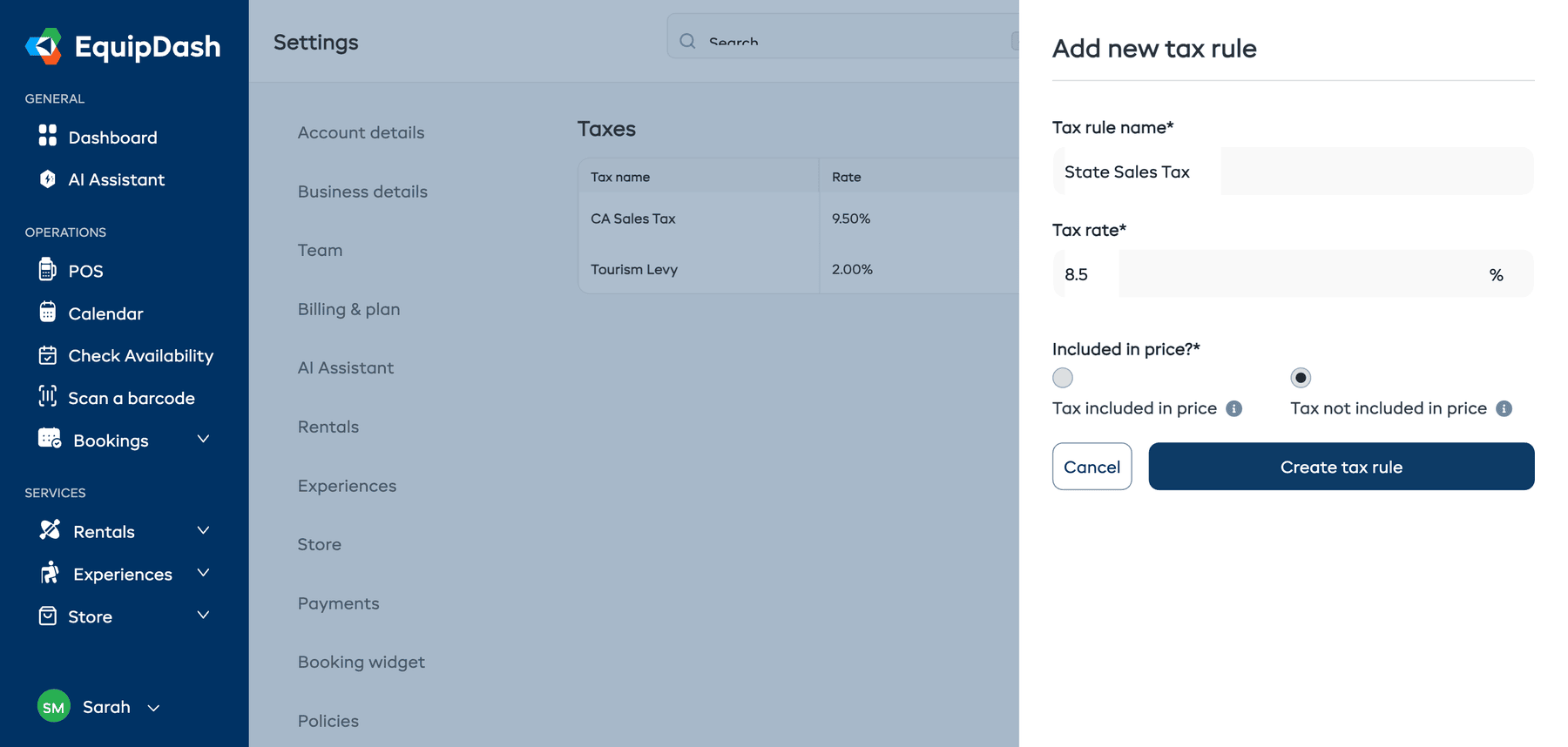 The Add new tax rule form with Tax rule name, Tax rate, and Included in price fields