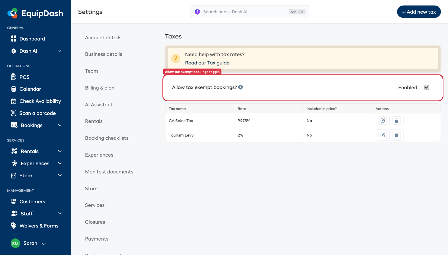 The Taxes settings page with the Allow tax exempt bookings toggle switched on