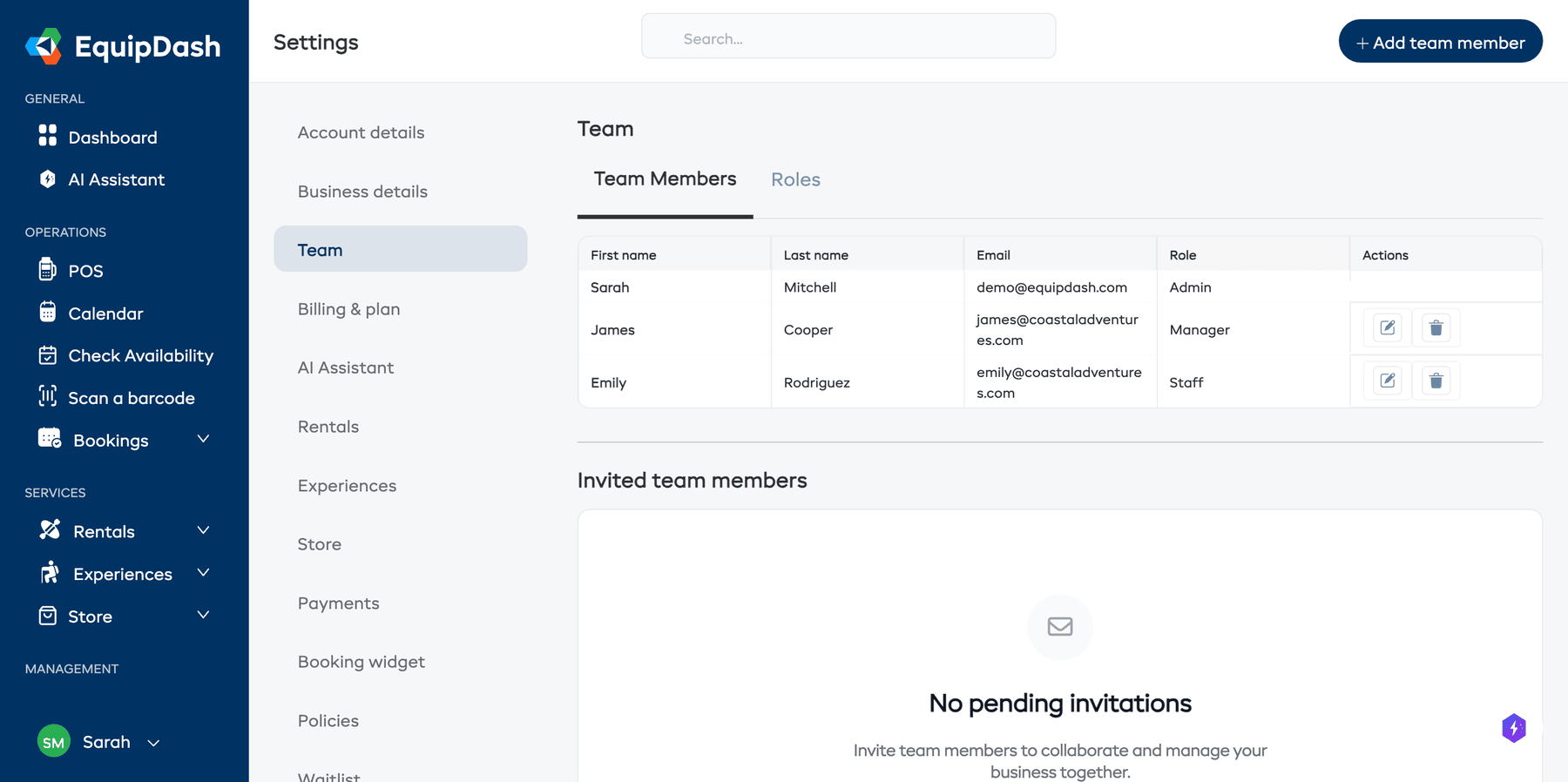 The Team Members list showing active members and pending invitations