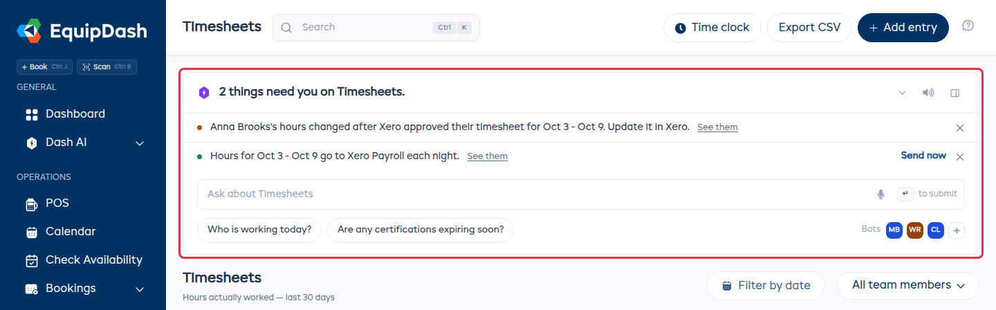 Dash card on the Timesheets page showing changed hours after approval and the pay period in Xero Payroll
