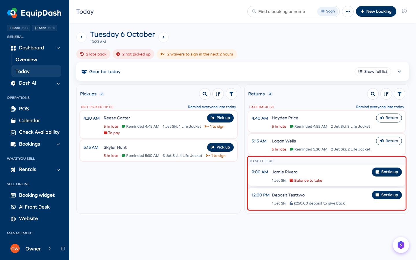 To settle up in Returns, with a Settle up button on each booking