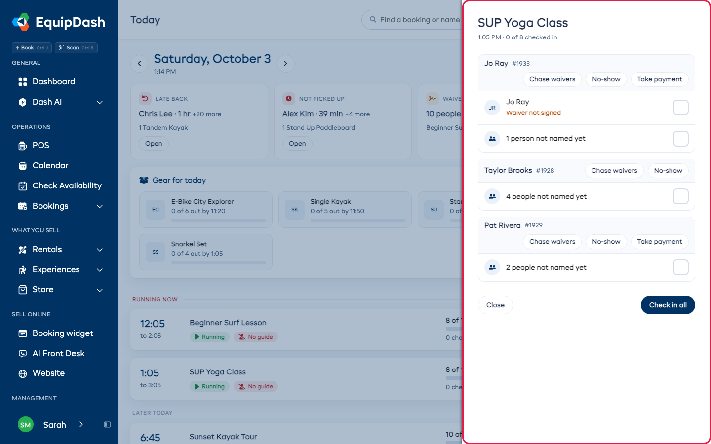 The check-in list for one session, grouped by booking