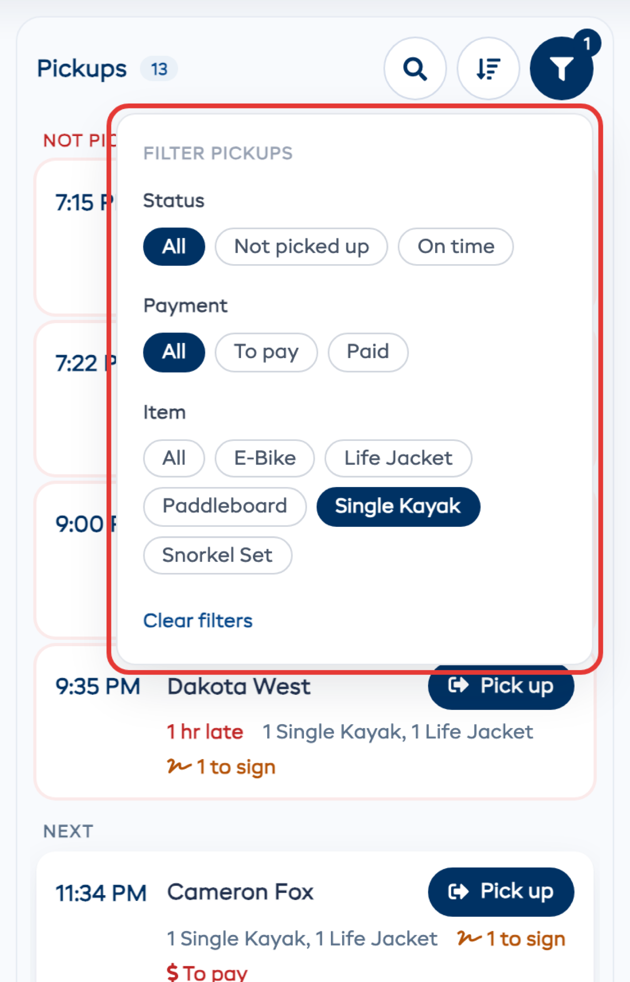The Pickups filter, showing only single kayaks
