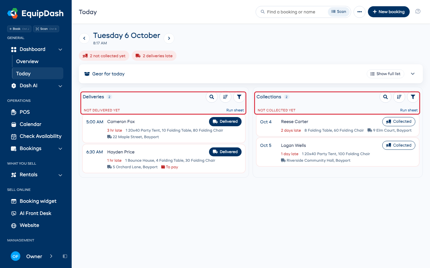 Deliveries and Collections, each with its late group and Run sheet link