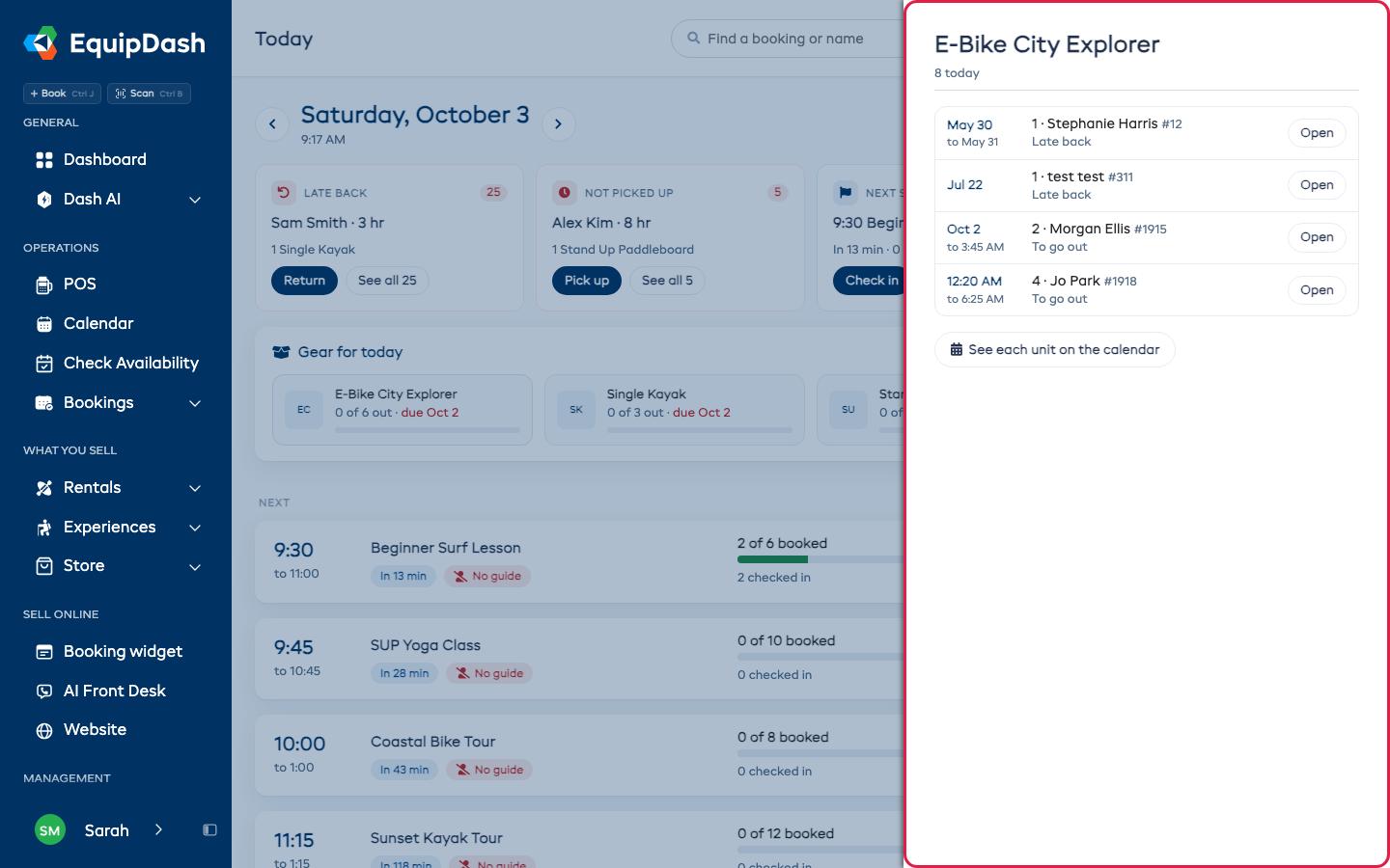 One item's day: each booking that uses it, from when to when