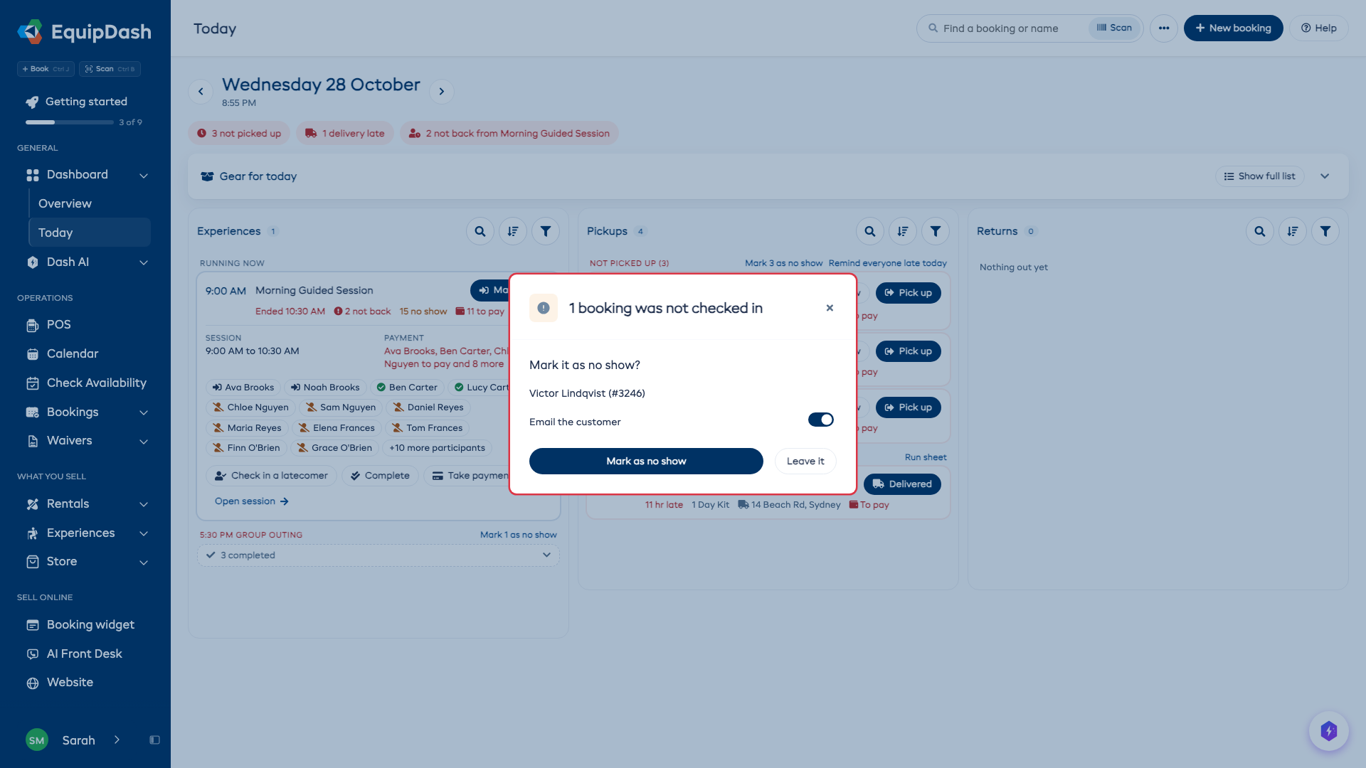 The window Complete opens on Today, listing a booking nobody came on, with Leave it