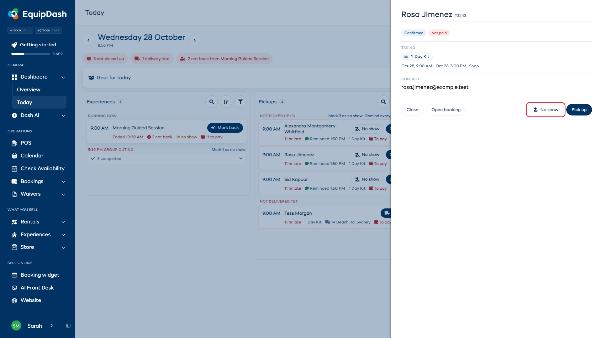 A booking's quick view on Today, with No show beside Pick up