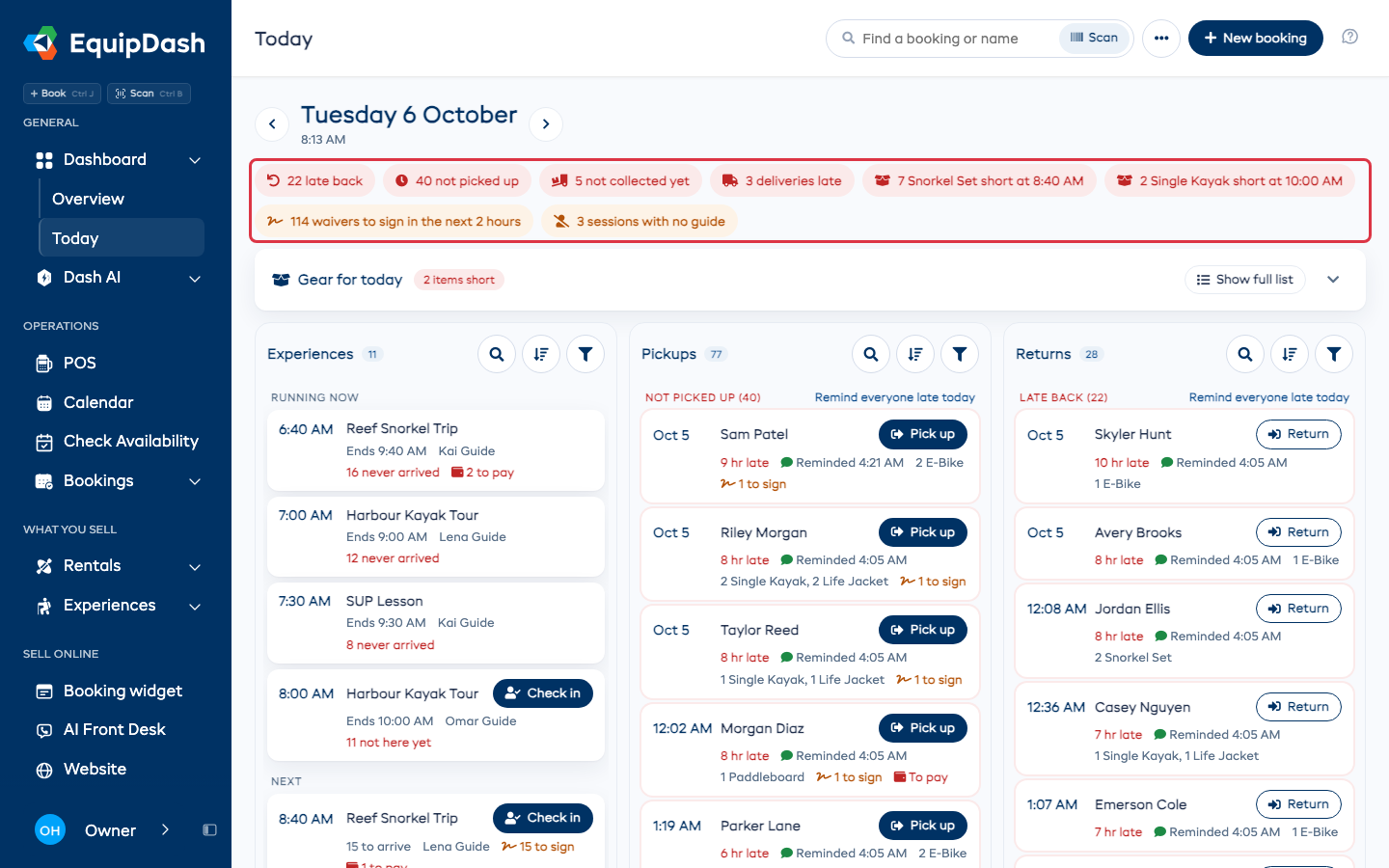 The Today screen: what needs someone across the top, then gear and the three columns