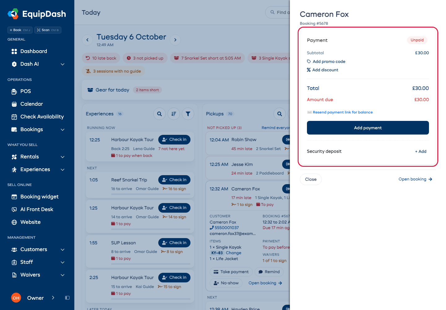 Take payment opens the booking's payment beside Today