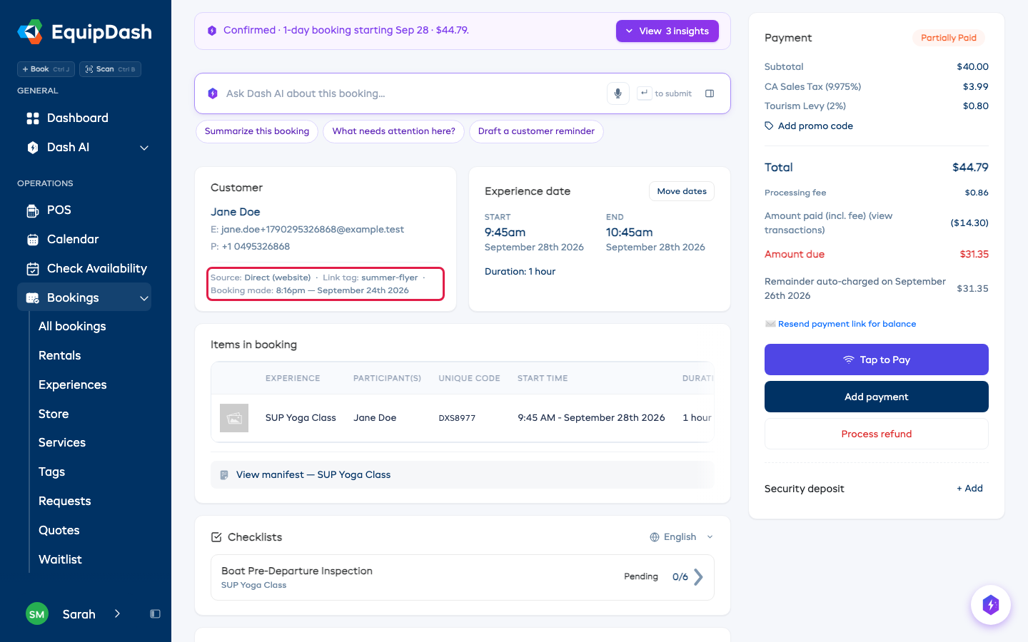 A booking showing its Link tag beside Source