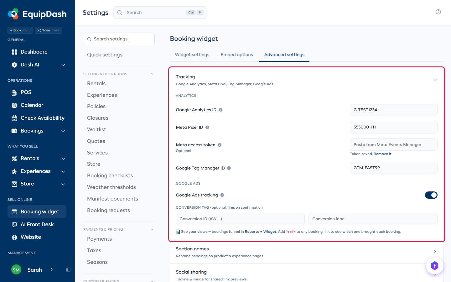The Tracking section on Settings, Booking widget, Advanced settings