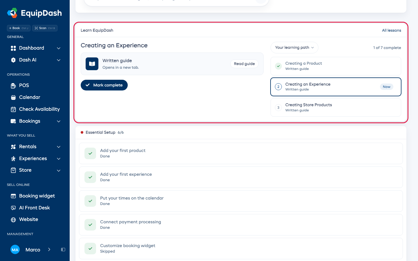 The Learn EquipDash card on Getting started