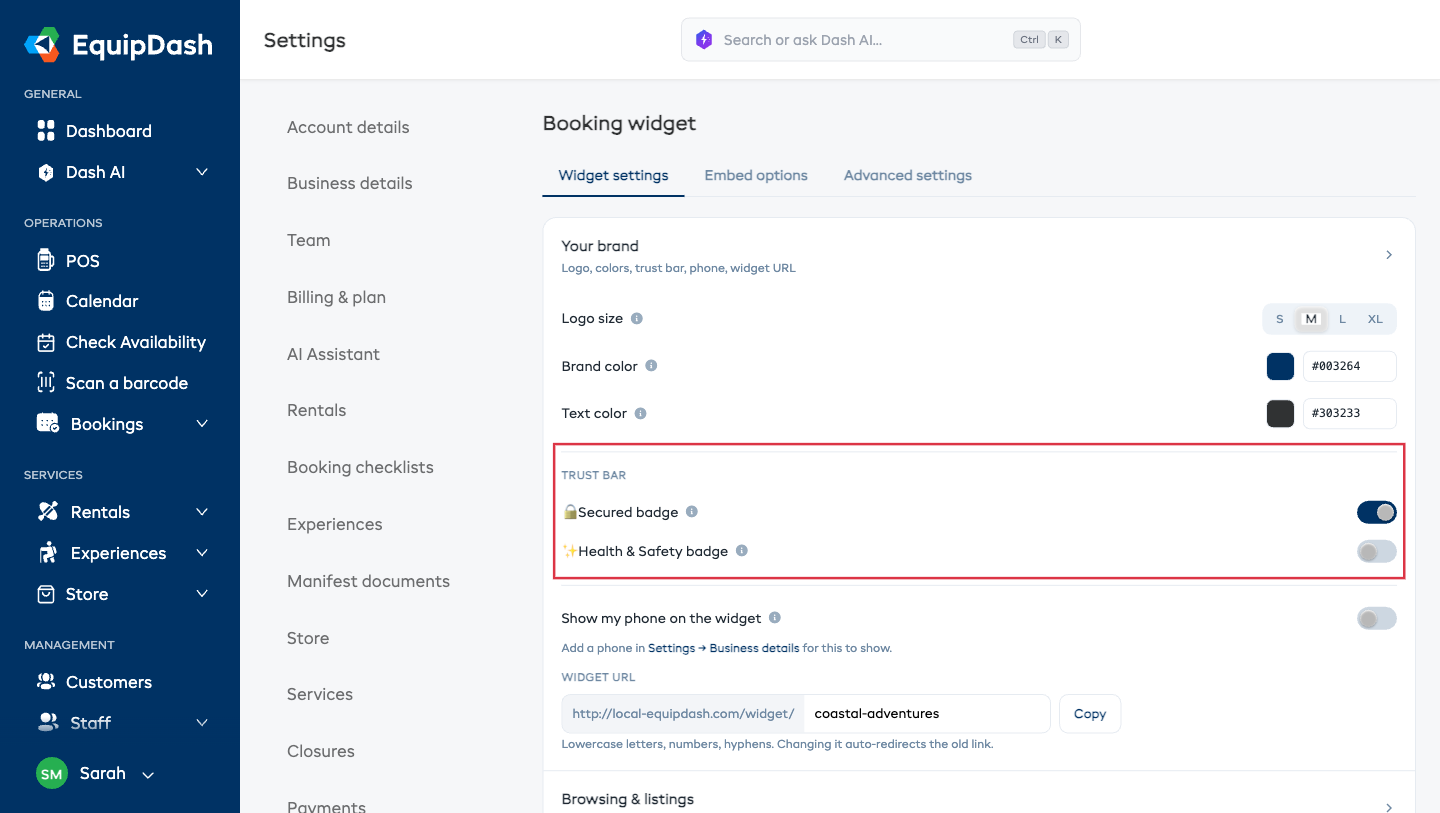 Trust badges section in the Your brand section of the Widget settings tab