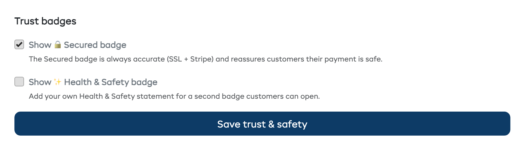 Trust badges section on the Appearance tab