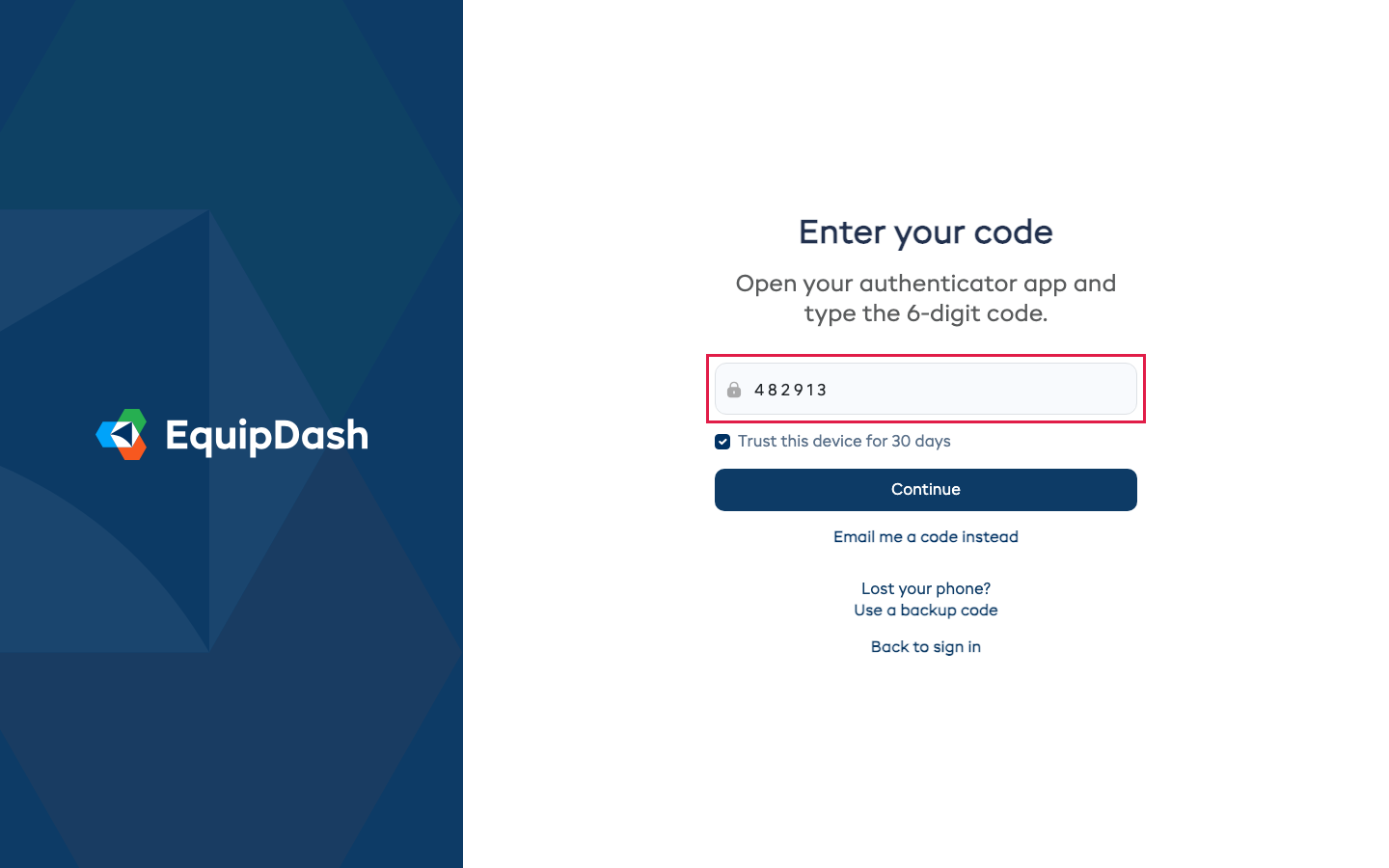 The sign-in screen asking for the 6-digit code