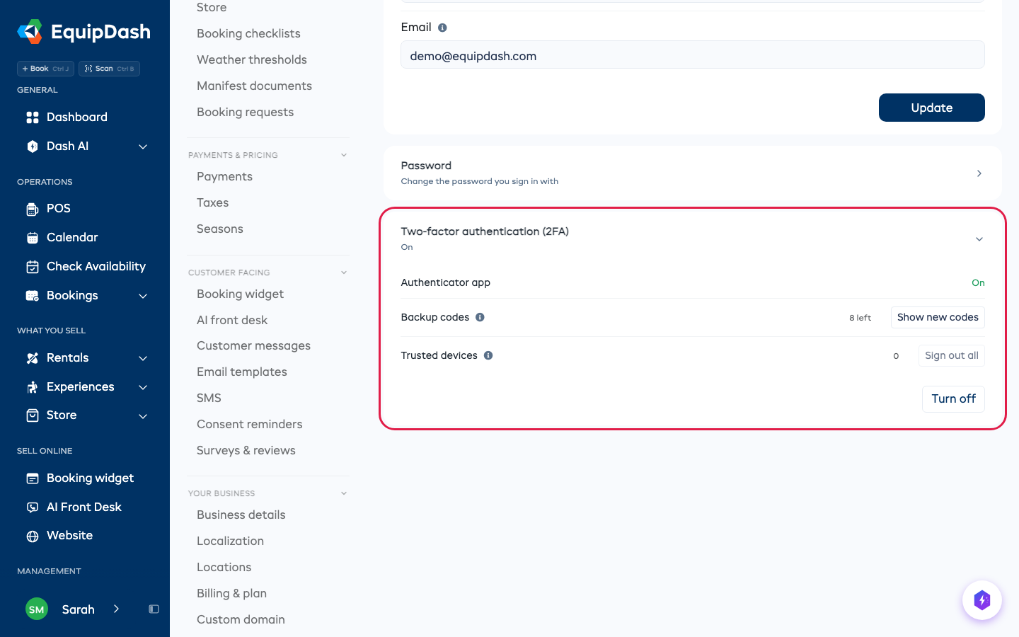 Two-factor authentication turned on, with backup codes left, trusted devices and Turn off