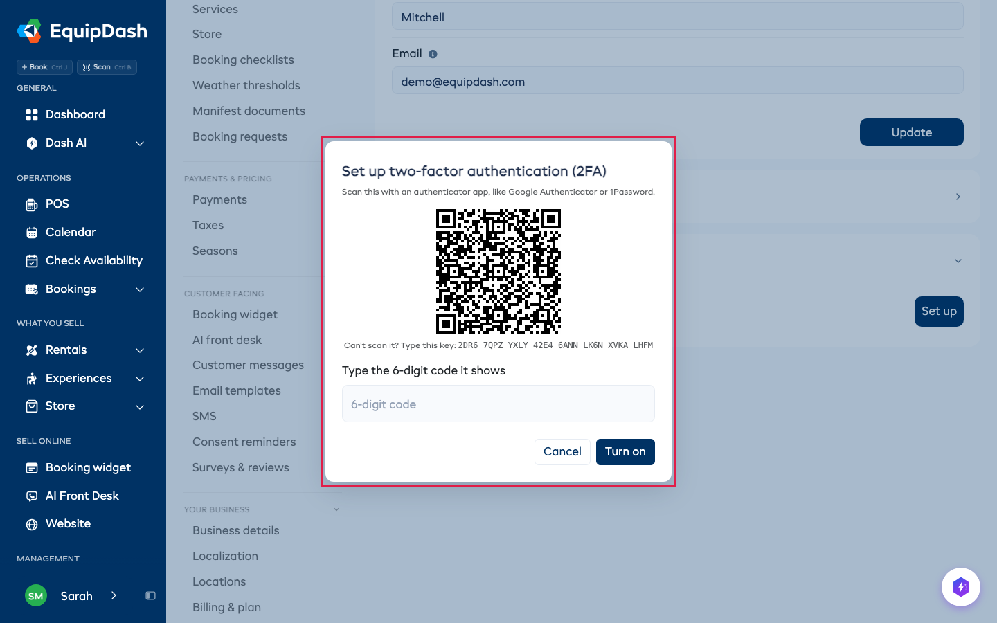 The set-up dialog with the square code to scan and the 6-digit code box