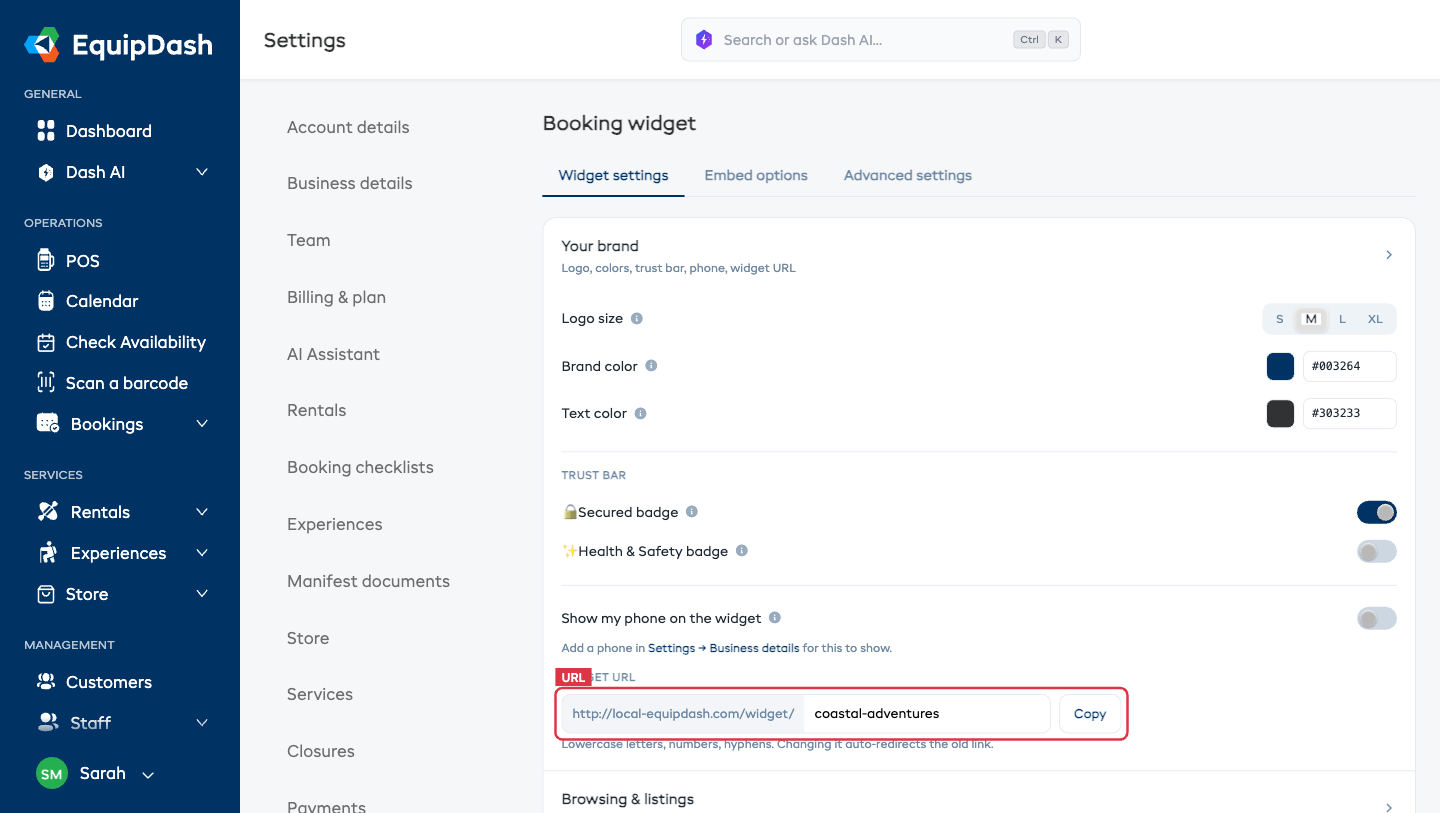 Widget URL input in the Your brand section