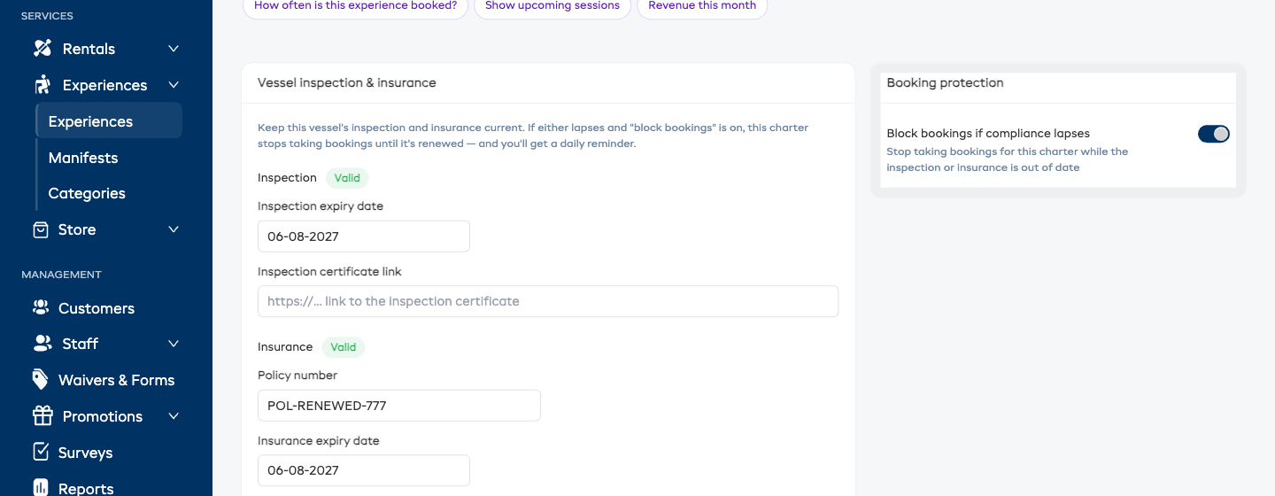 The Vessel inspection & insurance compliance tab on a charter experience