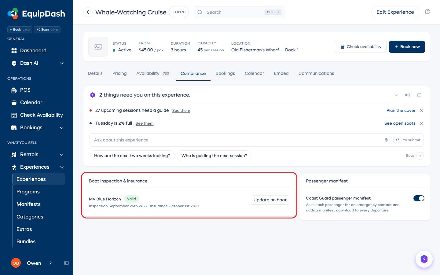 An experience's Compliance tab showing the boat it uses