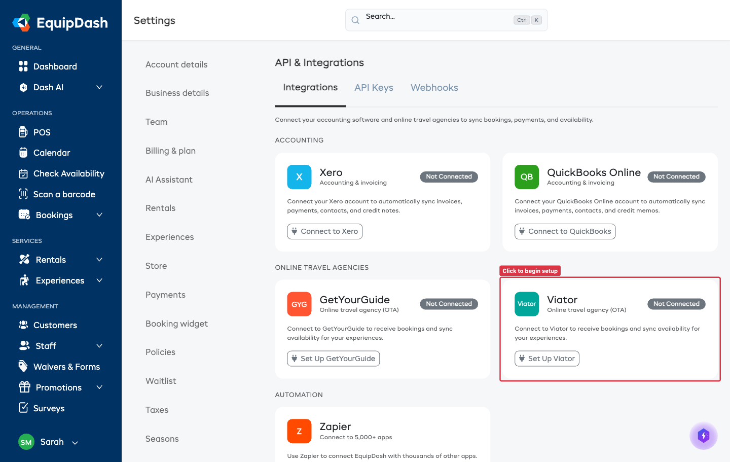 Viator card on the API &amp; Integrations page