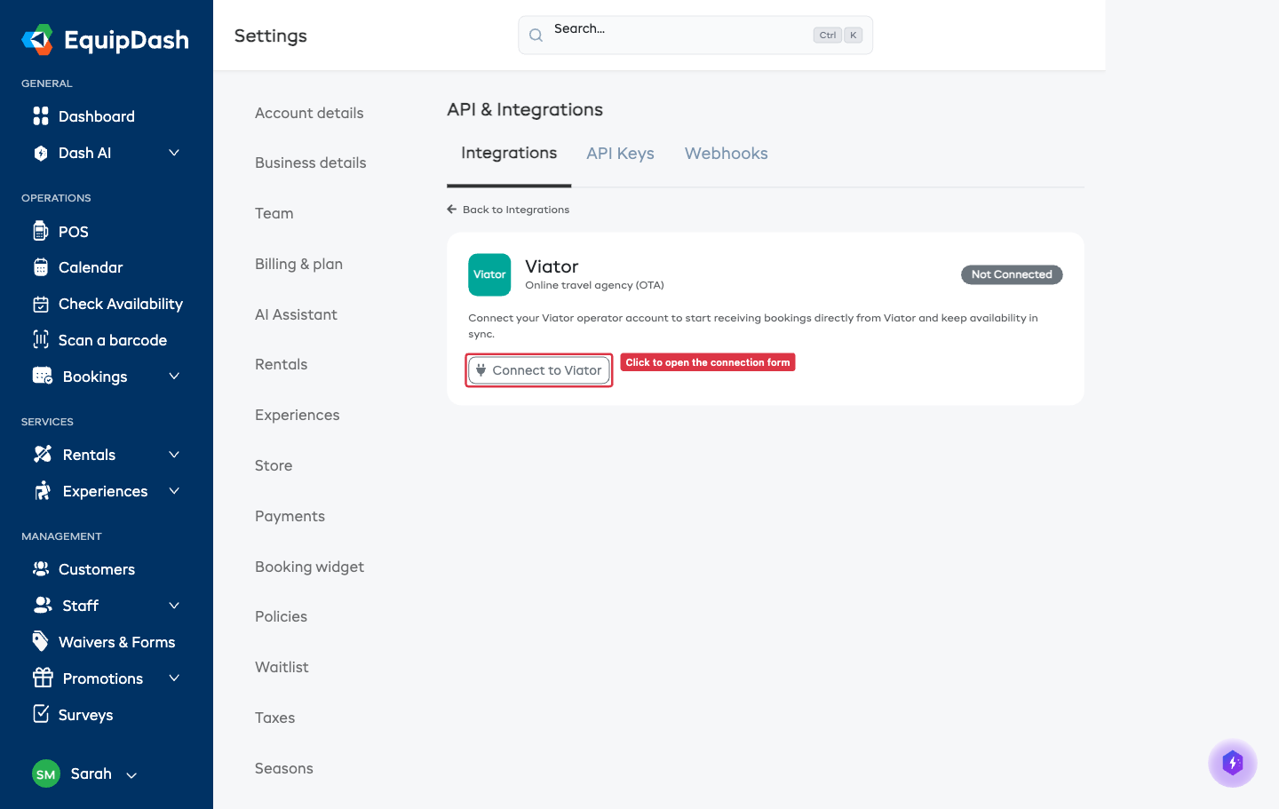 Connect to Viator button on the Viator settings page