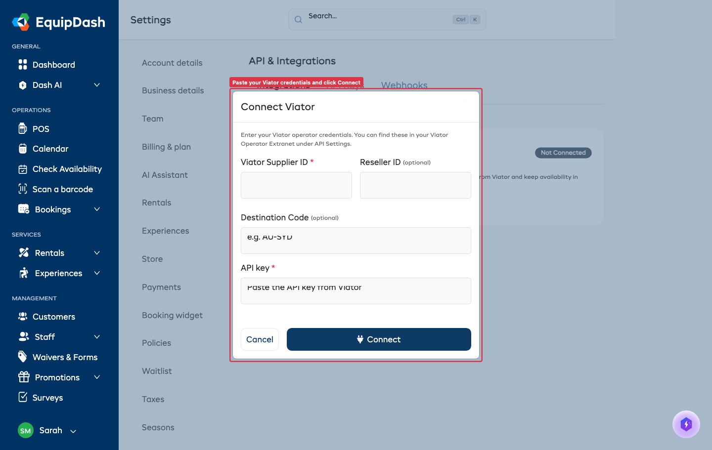 Viator connection form with credential fields