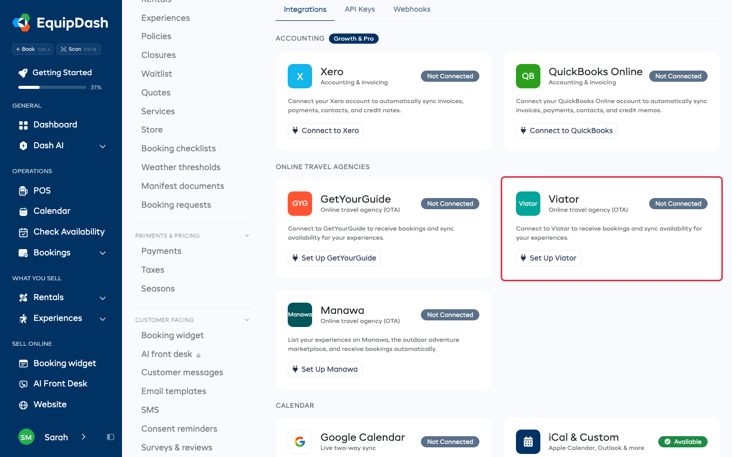 The Viator card on the API &amp; Integrations page