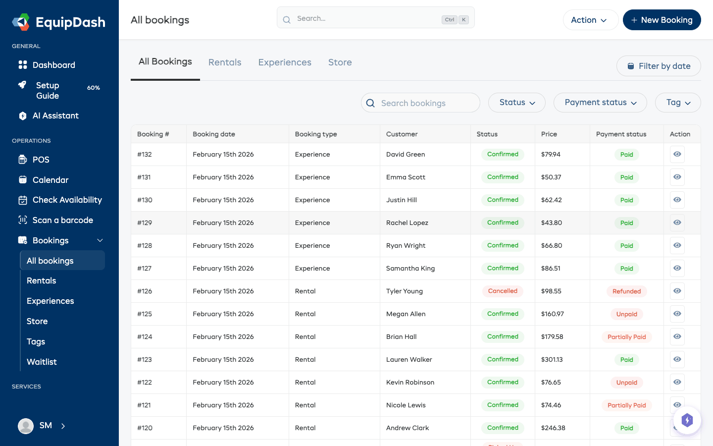 Opening a booking from the bookings table to view its full details