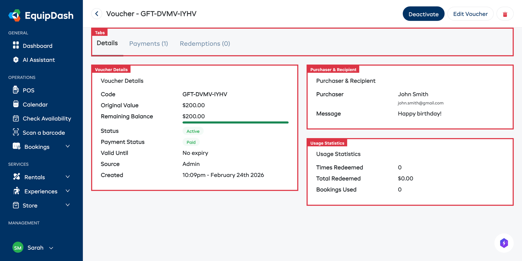 The voucher detail page showing the Details tab with Usage Statistics