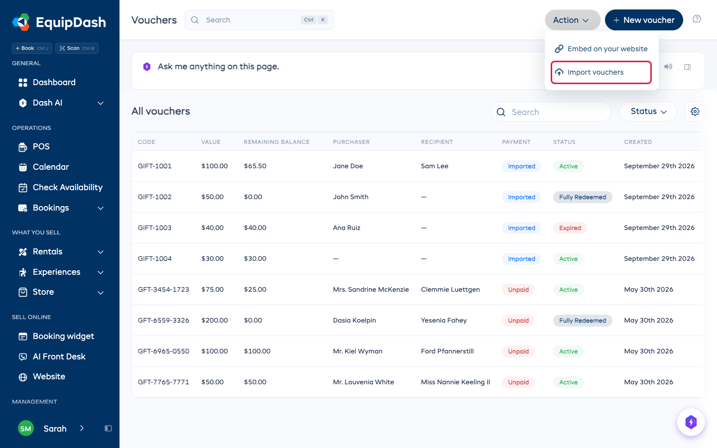 The Action menu on the Vouchers page with Import vouchers highlighted
