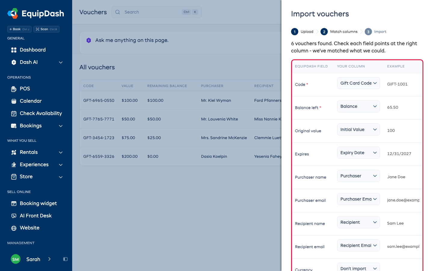 Step 2 of the import panel showing each field matched to a column from the file