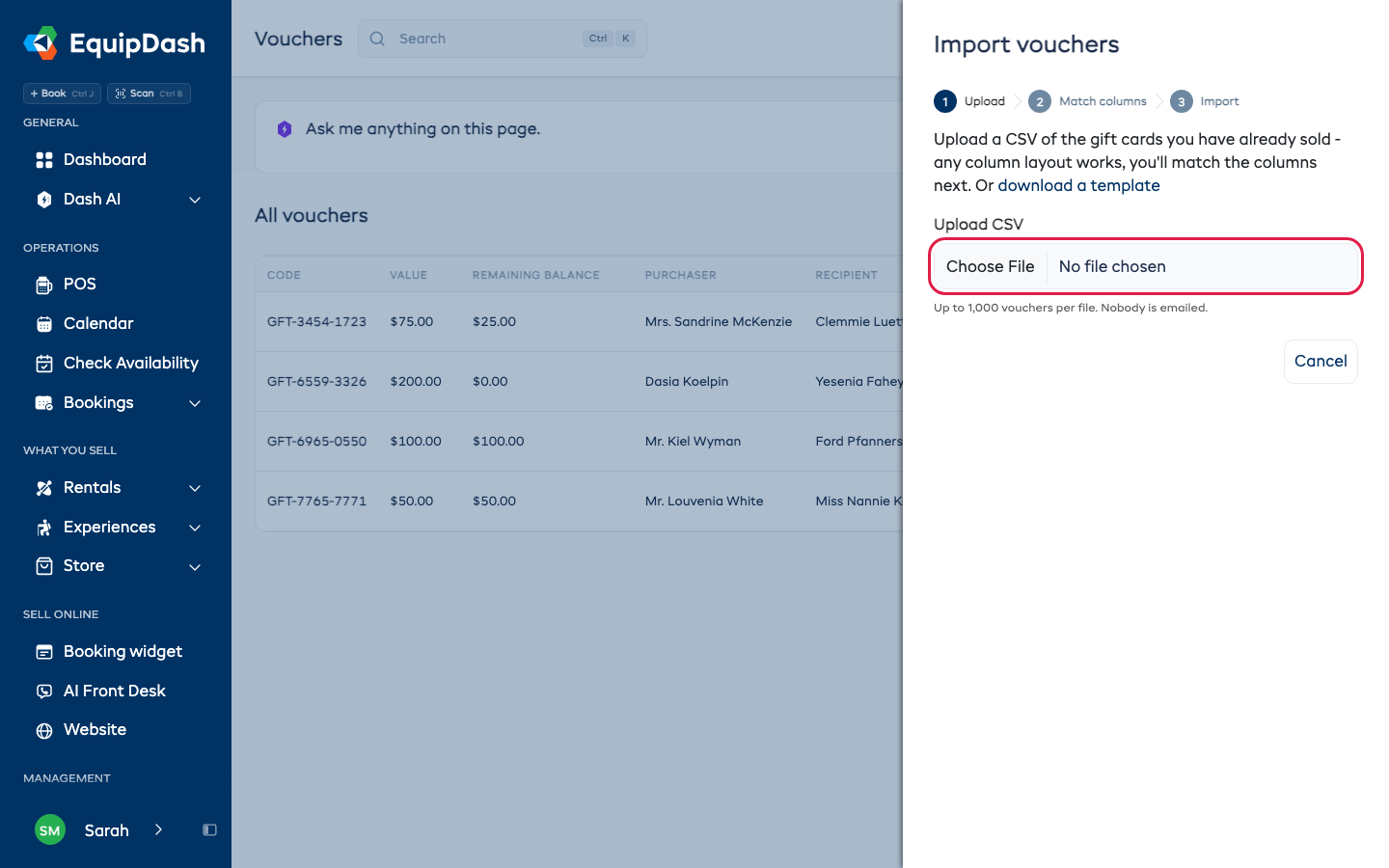 Step 1 of the import panel with the Upload CSV field highlighted