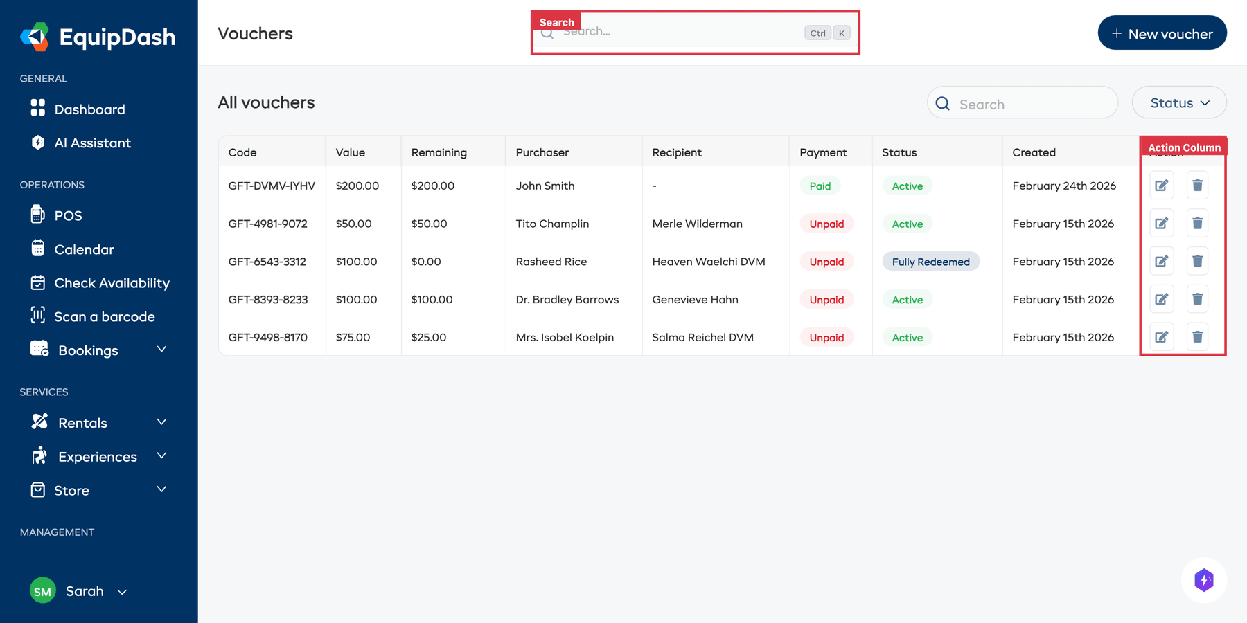 The Vouchers table showing all columns